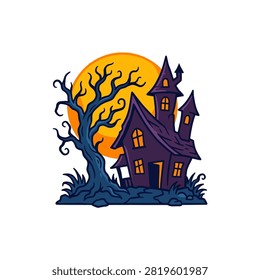A dark, purple haunted mansion with glowing windows stands beside a gnarled, leafless tree under a large orange moon.
