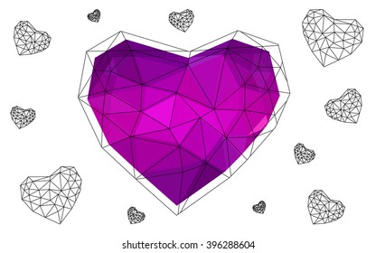 Dark purple heart isolated on white background. Geometric rumpled triangular low poly origami style gradient graphic illustration. Vector polygonal design for your business.