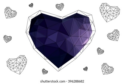 Dark purple heart isolated on white background. Geometric rumpled triangular low poly origami style gradient graphic illustration. Vector polygonal design for your business.