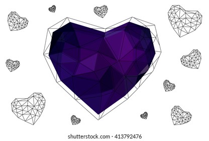 Dark purple heart isolated on white background. Geometric rumpled triangular low poly origami style gradient graphic illustration. Vector polygonal design for your business.