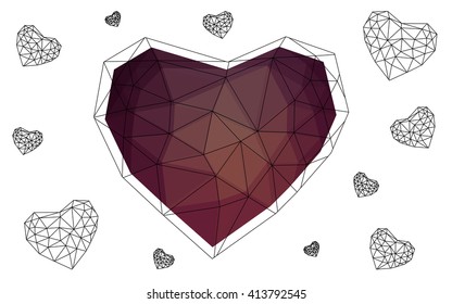 Dark purple heart isolated on white background. Geometric rumpled triangular low poly origami style gradient graphic illustration. Vector polygonal design for your business.
