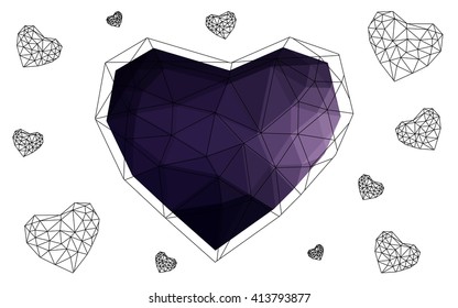 Dark purple heart isolated on white background. Geometric rumpled triangular low poly origami style gradient graphic illustration. Vector polygonal design for your business.