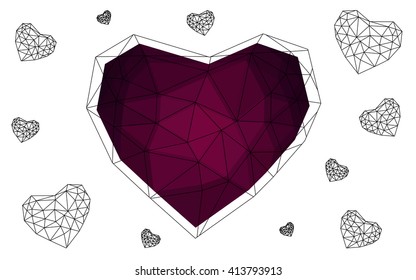 Dark purple heart isolated on white background. Geometric rumpled triangular low poly origami style gradient graphic illustration. Vector polygonal design for your business.