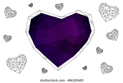 Dark purple heart isolated on white background. Geometric rumpled triangular low poly origami style gradient graphic illustration. Vector polygonal design for your business.
