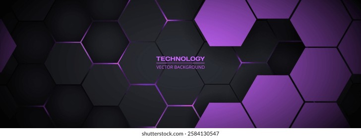 Dark purple hexagonal technology horizontal abstract vector background. Purple and pink bright energy flashes under hexagon in futuristic modern technology wide banner. Dark honeycomb 3D texture.