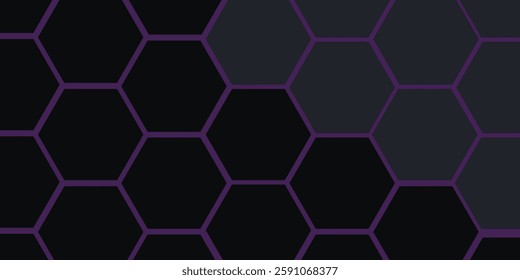 Dark purple hexagonal technology horizontal abstract vector background. Purple and pink bright energy flashes under hexagon in futuristic modern technology wide banner.