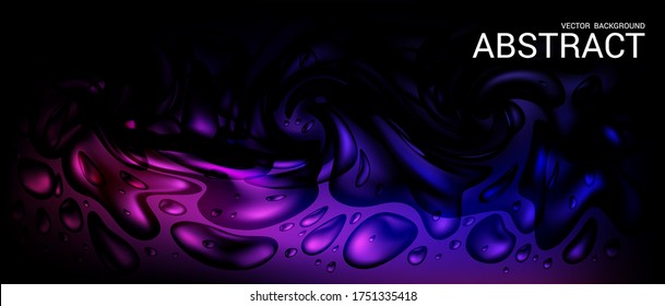 Dark purple horizontal abstract background. Vector. The effect of a dynamically flowing fluid. Modern trendy liquid poster. Drops of water and colorful 3D splashes. Template for presentation, website.
