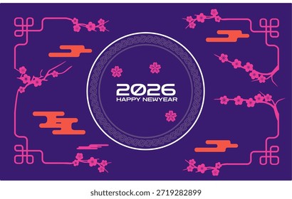 Un diseño Horizontal púrpura oscuro con un emblema circular central con el año 2026 y las flores de cerezo Nubes naranjas vibrantes y delicadas ramas florales contrastan maravillosamente con el fondo profundo para un aspecto moderno