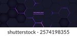 Dark purple horizontal hexagonal technology abstract vector background. Purple and pink bright energy flashes under hexagon in futuristic modern technology wide banner. Dark honeycomb texture.