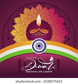 Dark Purple Índia Happy Diwali Festival 2024 saudação com diya, decoração rangoli, texto, bandeira da Índia. Ilustração vetorial de Diwali (vitória da luz contra a escuridão). Bharat Ganarajya Diwali