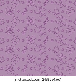 Dark Purple Line Art of Imaginary Bugs on Purple creating a textured seamless pattern print background