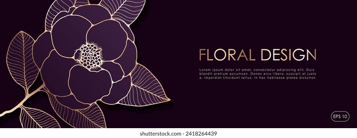 Dark purple luxury floral design with golden outlines of flowers and leaves. Botanical background, wallpaper, postcard, cover design