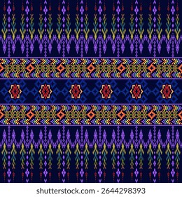 A dark purple native woven fabric with intricate geometric patterns and vibrant colored bands.