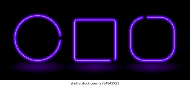 Dark purple neon geometric frames. Glowing circle and square led lamp border collection. Shiny illuminated fluorescent round and rectangle signs for banner, text box, poster template. Vector