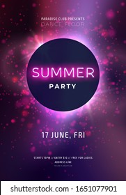 Dark Purple Neon Party Flyer With Copy Space. Magical Background With Glowing Particles And Gliiter. Modern Blurs And Gradients. Vector Illustration.