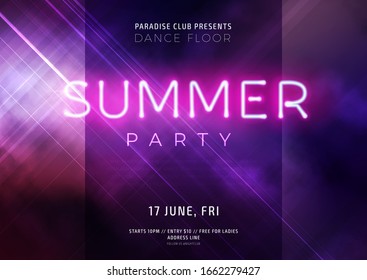 Dark Purple Neon Party Flyer With Copy Space. Modern Blurs And Gradients. Vector Illustration.