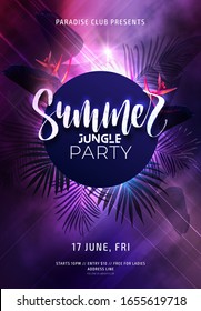 Dark Purple Neon Tropical Summer Party Flyer With Banana Palm Leaves And Jungle Flowers. Modern Blurs And Gradients. Electric Glow Background With Copy Space. Vector Illustration.