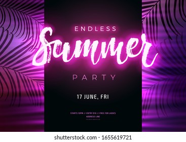 Dark purple neon tropical summer party flyer with copy space. Modern blurs and gradients. Electric glow and palm leaves background. Vector illustration.