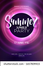 Dark purple neon tropical summer party flyer with lettering. Electric glow background with copy space. Modern blurs and gradients. Vector illustration.