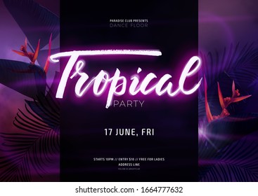 Dark purple neon tropical summer party flyer with banana palm leaves and jungle flowers. Modern blurs and gradients. Electric glow background with copy space. Vector illustration.