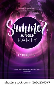 Dark Purple Neon Tropical Summer Party Flyer With Sabal Palms. Electric Glow Background With Copy Space. Modern Blurs And Gradients. Vector Illustration.