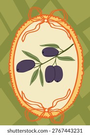 Dark purple olive branch in oval decorative frame with orange ribbons and folk art pattern.  Cottagecore Art