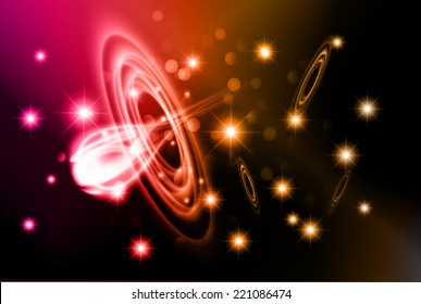Dark purple orange sparkling background with stars in the sky and blurry lights, illustration. Abstract, Universe, Galaxies, ring. 