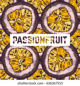 Dark purple passion fruit  background. Tropical  hand drawn illustration. Engraved botanical sketch. Passiflora seamless pattern.