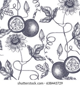 Dark purple passion fruit  background. Tropical  hand drawn illustration. Engraved botanical sketch. Passiflora seamless pattern.