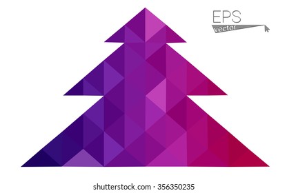 Dark purple, pink low polygon style christmas tree vector illustration consisting of triangles.Abstract polygonal origami or crystal design of New Years celebration. Isolated on white background.