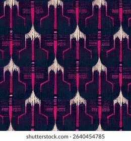 Dark purple and pink pattern of embroidered arrows on black fabric, grunge lines ikat pattern, striped seamless pattern, Vector illustration background for print the paper.