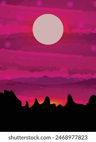 dark purple and pink scenery vector illustration of moon and mountain hill with clouds, dark horror night scene moon trees mountain scenery art with dark shadow 