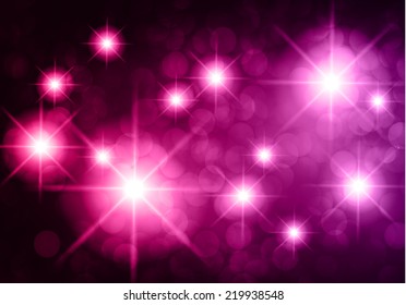 Dark purple pink sparkling background with stars in the sky and blurry lights, illustration. Abstract, Universe, Galaxies.