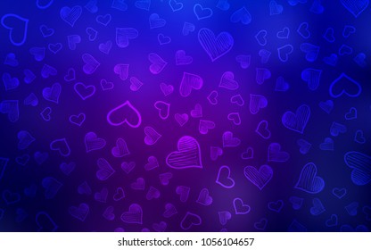 Dark Purple, Pink vector background with hearts. Hearts on blurred abstract background with colorful gradient. Pattern for marriage gifts, congratulations.