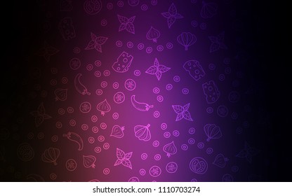 Dark Purple, Pink vector background with tasty food. Fast Food on blurred abstract background with colorful gradient. Template for meal cooking in kitchen.