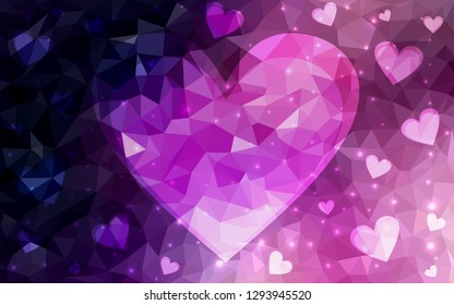 Dark Purple, Pink vector  background with Shining hearts. Blurred decorative design in doodle style with hearts. Template for Valentine's greeting postcards.