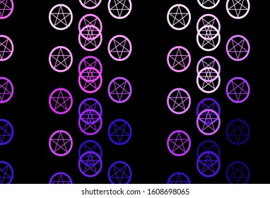 Dark Purple, Pink vector background with occult symbols. Colorful vintage illustration with gradient alchemy shapes. Best design halloween events.