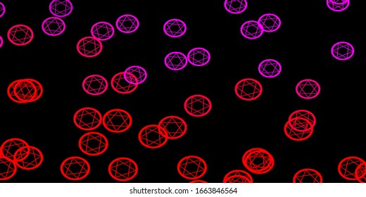 Dark Purple, Pink vector background with occult symbols. Colorful vintage illustration with gradient alchemy shapes. Simple design for occult depiction.