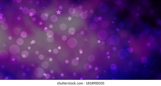 Dark Purple, Pink vector background with circles, stars. Abstract design in gradient style with bubbles, stars. Pattern for design of fabric, wallpapers.