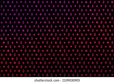 Dark purple, pink vector background with cards signs. Colored illustration with hearts, spades, clubs, diamonds. Pattern for ads of parties, events in Vegas.
