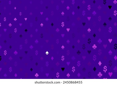 Dark purple, pink vector background with cards signs. Shining illustration with hearts, spades, clubs, diamonds. Pattern for leaflets of poker games, events.