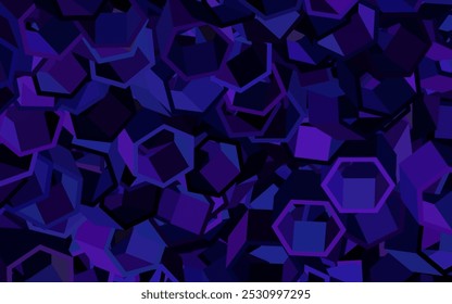 Roxo escuro, fundo de vetor rosa com conjunto de hexágonos. Plano de fundo borrado com hexágonos coloridos. Padrão para textura de papéis de parede.
