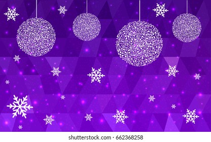 Dark Purple Pink vector christmas postcard low polygon background. Illustration consisting of triangles. Abstract triangular polygonal origami or crystal design of New Year celebration.