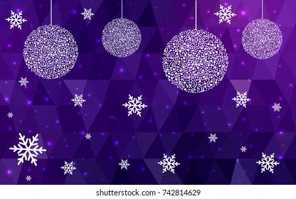 Dark Purple Pink vector christmas polygon background. Low poly Illustration consisting of triangles with snowflakes. Texture, seamless background of New Year celebration.