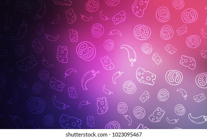 Dark Purple, Pink vector cover with cuisine gourmet. Illustration with set of fresh food in doodle style. Pattern for menu of cafes, bars, restaurants.