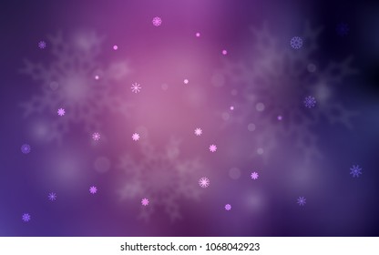 Dark Purple, Pink vector cover with beautiful snowflakes. Snow on blurred abstract background with gradient. The pattern can be used for new year leaflets.