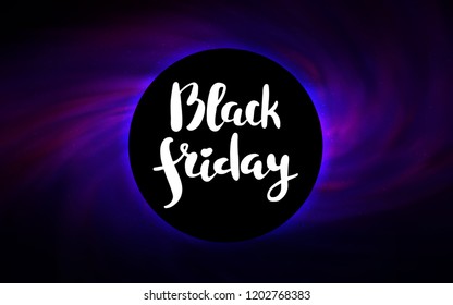 Dark Purple, Pink vector cover with a black hole, nebula. Colorful black hole with shining night sky stars. Template for Black Friday sales.