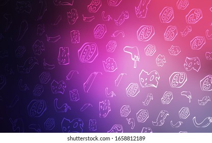 Dark Purple, Pink vector cover with cuisine gourmet. Illustration with set of fresh food in doodle style. Pattern for menu of cafes, bars, restaurants.