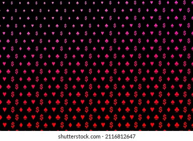 Dark purple, pink vector cover with symbols of gamble. Glitter abstract sketch with isolated symbols of playing cards. Pattern for booklets, leaflets of gambling houses.