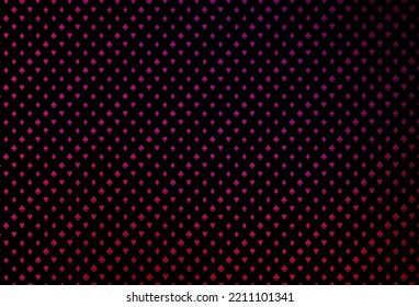 Tapa vectorial rosa morada oscura con símbolos de juego. Ilustración brillante con corazones, espadas, palos, diamantes. Patrón de folletos, volantes de casas de juego.